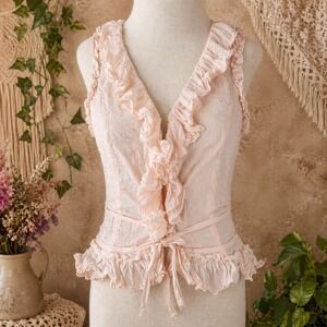 Chaudry KC Pink Eyelet Ruffle Crop Top Womens Small Boho Festival Y2K India NWT